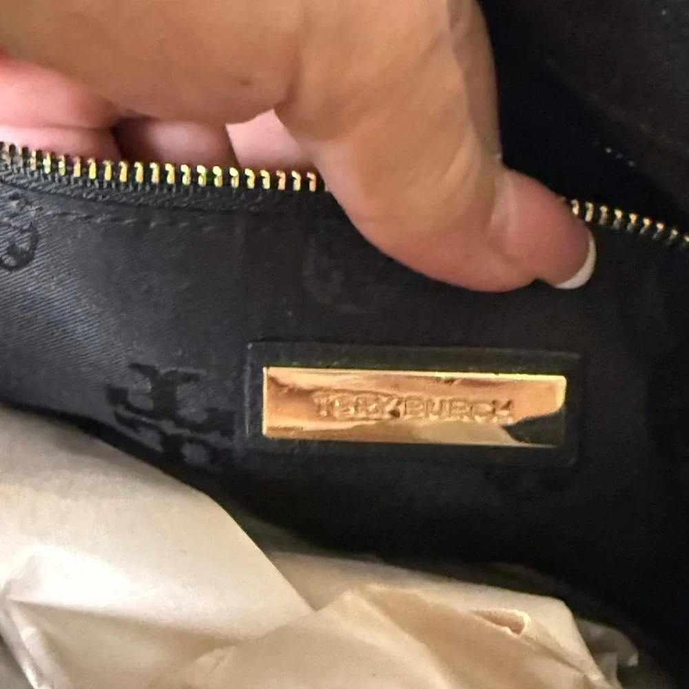 Tory Burch Britten Black Pebbled Leather Chain Tote Shoulder Bag Gold Hardware